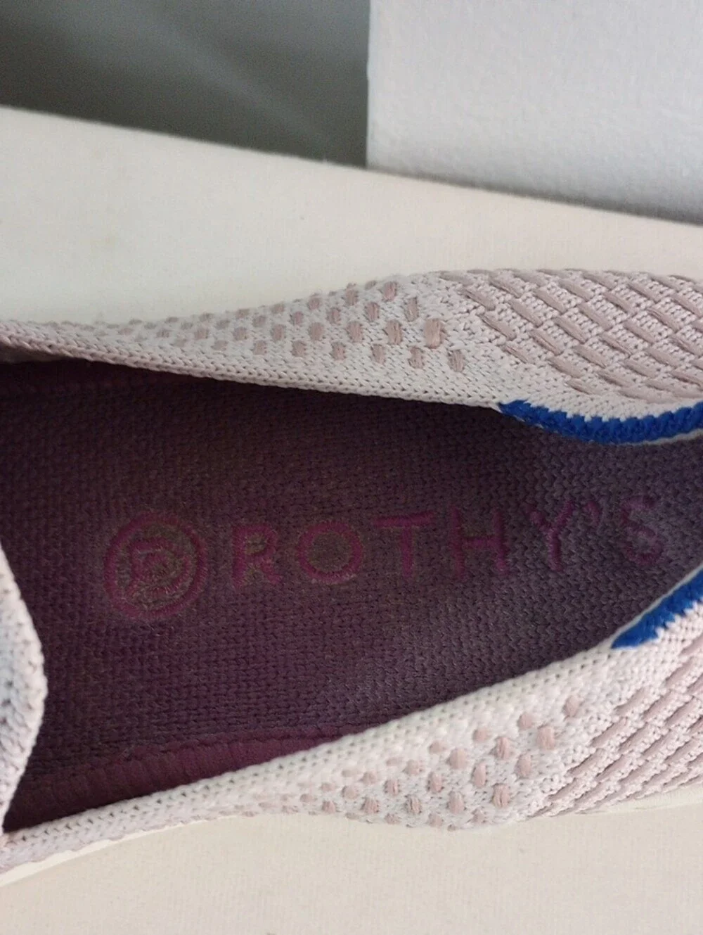 Rothy's Pastel Purple Knit Slip-On Flats with Blue Heel Trim Size 5